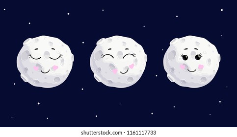 Cute cartoon full moon different emotions character set, vector