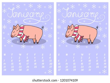 Cute cartoon fun calendar for January 2019. Year of pig