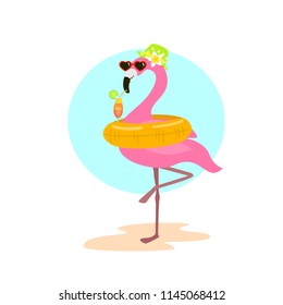 cute cartoon fun flamingo with swimming inflatable ring float on vacation drinking cocktail graphic