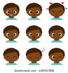 Cute cartoon funny african boy character face with different emotions vector set. Smiling, laughing, happy, sleeping, sad, crying, confused emoji and emoticon