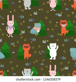 Cute cartoon. Funny animals, bear, bunny, fox, owl. Vector seamless pattern.
