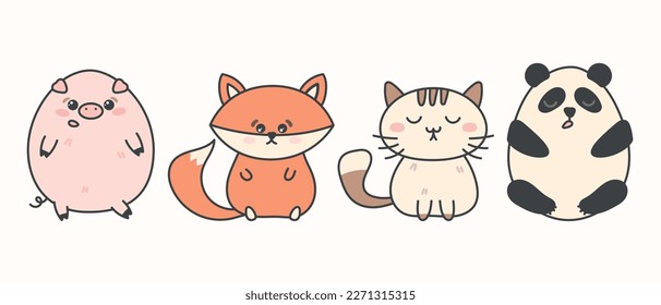 Cute cartoon funny animals, cat, fox, panda, pig. A set of vector isolated illustrations.