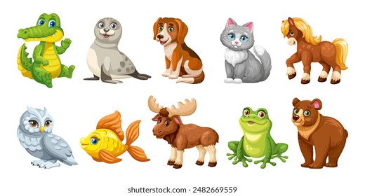 Animales divertidos de dibujos animados lindos. Vector conjunto de animales sobre un fondo blanco.