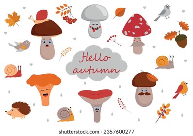 Cute cartoon funny autumn set. Collection of mushrooms, birds, leaves, rowan, snails and acorn. Kids season vector illustration isolated on white background