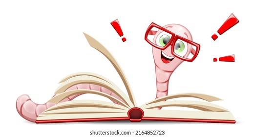 Cute cartoon Funny bookworm reading in red eyeglasses. Knowledge, education concept 