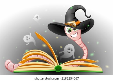 Cute cartoon Funny bookworm in Witch hat reading magic book with flying ghosts. Halloween concept 