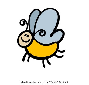 Cute cartoon funny butterfly is flying in the sky. Vector illustration of an insect with a crazy smile in nature.