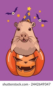 Cute cartoon funny capybara sit in Halloween pumpkin.