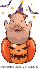 Cute cartoon funny capybara sit in Halloween pumpkin.
