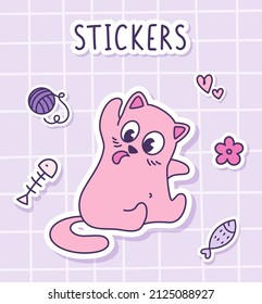 Cute Cartoon funny cat licking his fur. Sticker of a pink cat with toys on a checkered background. Label Sticker. Vector illustration