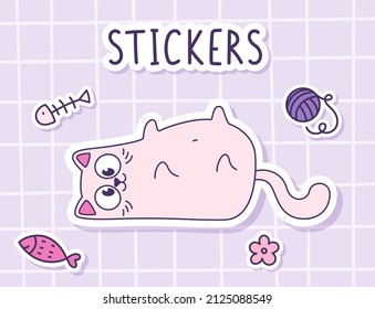 Cute cartoon funny cat lying on his back. Sticker of a cat with toys on a checkered background. Label Sticker. Vector illustration