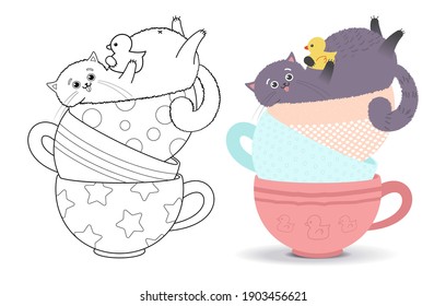 Cute cartoon funny cat with a rubber duck. Black and white vector outline. Isolated illustration on white background with an example for children coloring book.