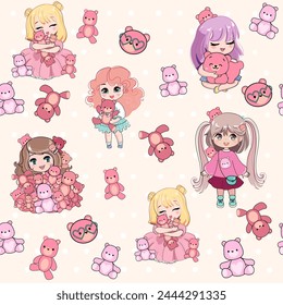 Cute cartoon Funny Chibi little girls in anime style with pink teddy bear toys seamless pattern. Kawaii style. Vector illustration t-shirt print