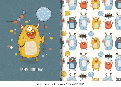 Cute cartoon funny 
Cyclops monster character with horns and the balloon in the hand, with garland backdrop. Kids party card print template and seamless background pattern. Hand drawn design vector.