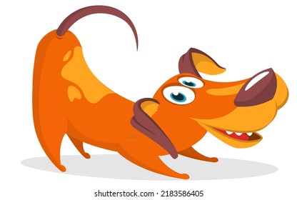 Cute cartoon funny dog doing yoga stretching. Vector illustration isolated