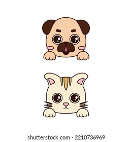 Cute cartoon with funny dogs and cats. Cartoon border with kitten and pug dog. Logo Design Template and Vector illustration.
