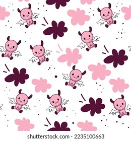 Cute cartoon funny dragons and cloud seamless pattern. Kawaii style. Vector illustration print for children t-shirt