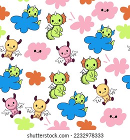 Cute cartoon funny dragons seamless pattern. Vector illustration print for children t-shirt
