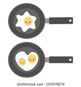 cute cartoon funny fried eggs on frying pan top view vector set illustration