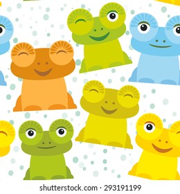 Cute Cartoon funny frog set yellow green blue orange on white background, seamless pattern. Vector