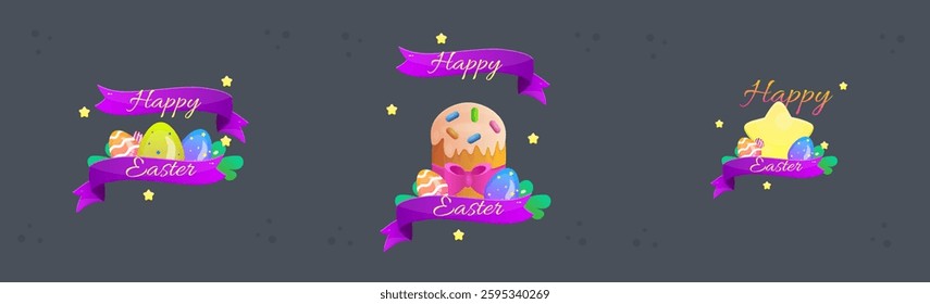 Cute Cartoon Funny Game Easter Spring Isolated Vector Bundles Set Ribbons Eggs Stars Design Illustration