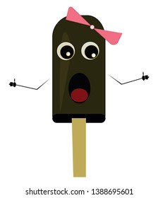 Cute cartoon funny girl ice cream stick in a rose-colored bowtie in her head  sticky hands stretched  eyes rolled left down  tongue stuck out  is standing  vector  color drawing or illustration