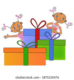 Cute cartoon funny girls with bright gifts. Children's emotions.
Winter holidays, vector isolated illustration. Blue, orange, green colors. Modern design. EPS.
