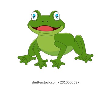 Cute cartoon funny green frog with big eyes and wide mouth. Kind drawing smiling baby amphibian. Creative graphic hand drawn print. Vector eps illustration