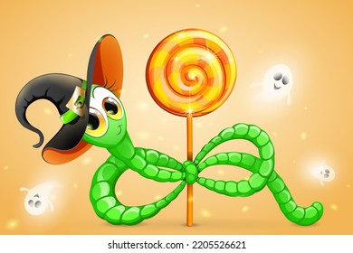 Cute cartoon Funny green worm in Witch hat holding lollipop with flying ghosts. Halloween concept 