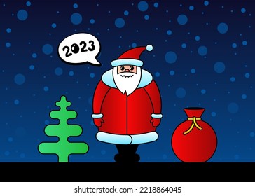 Cute cartoon funny kawaii Santa Claus character for Christmas and Happy New year 2023 celebration. Gift bag spruce and snow at night sweet winter holiday greeting card. Vector eps illustration