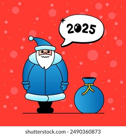 Nette Cartoon lustige kawaii Santa Claus Charakter mit Geschenktüte. Happy Neues Jahr 2025 und Weihnachtsmusiken Eve Feier Print. Schneebedeckte Winterurlaubsgrußkarte. Geschenkartikel quadratischer eps roter Banner