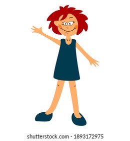 Cute cartoon funny little girl waving hand. Cheerful baby. Vector illustration.