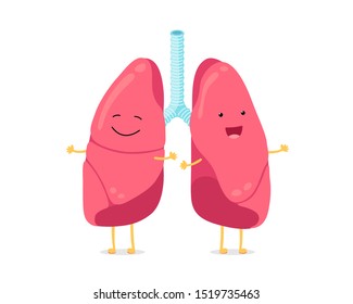 Cute cartoon funny lungs character. Strong smiling lung. Human respiratory system happy internal organ mascot. Medical healthy anatomy flat vector illustration