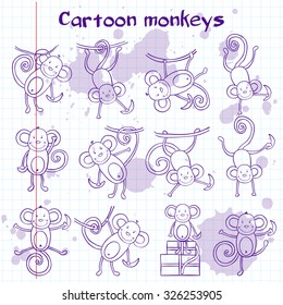 Cute cartoon funny monkeys vector collection. Hand drawn vector illustration for you design, web and mobile applications.