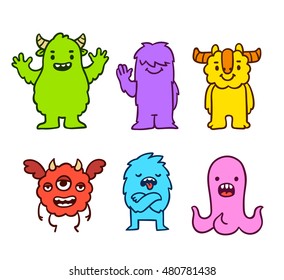 Cute cartoon funny monsters. Hand drawn characters vector illustration set.