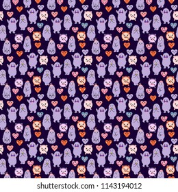 Cute cartoon. Funny monsters, heart, love. Vector seamless pattern.