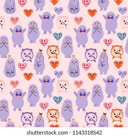 Cute cartoon. Funny monsters, heart, love. Vector seamless pattern.