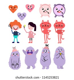 Cute cartoon. Funny monsters, heart, love, boy, girl, golden stars. Vector flat icons.