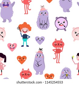 Cute cartoon. Funny monsters, heart, love, boy, girl. Vector seamless pattern.