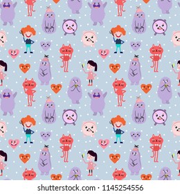 Cute cartoon. Funny monsters, heart, love, boy, girl. Vector seamless pattern.