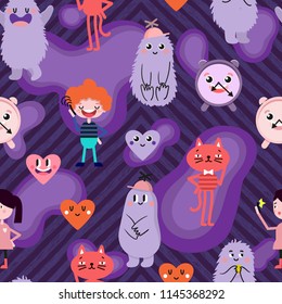 Cute cartoon. Funny monsters, heart, love, boy, girl. Vector seamless pattern.