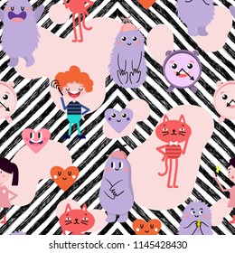 Cute cartoon. Funny monsters, heart, love, boy, girl. Vector seamless pattern.