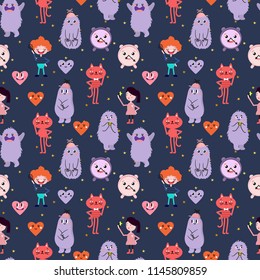 Cute cartoon. Funny monsters, heart, love, boy, girl, golden stars. Vector seamless pattern.
