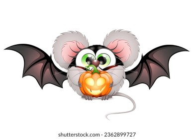 Cute cartoon funny mouse girl in Halloween bat costume with wings and pumpkin in hands.