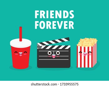 cute cartoon funny Movie clapper and cola and popcorn, watching a movie, cinema, movies, friends forever Vector Illustration on white background