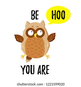 Cute cartoon funny owl. Vector doodle illustration. Template for print, web design