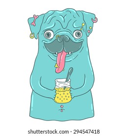 cute cartoon funny pug with mason jar and piercing