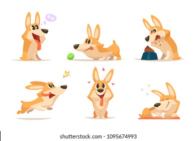 Cute cartoon funny puppy. Vector animal. Dog in various action poses. Illustration of pet animal funny, puppy friend cartoon