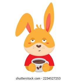 Cute cartoon funny rabbit with coffee cup