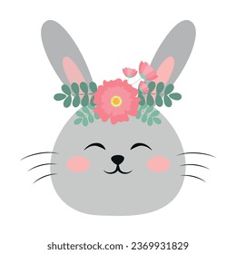 Cute cartoon funny rabbit face. Forest smiling animal. Flowers. Vector illustration isolated on white background